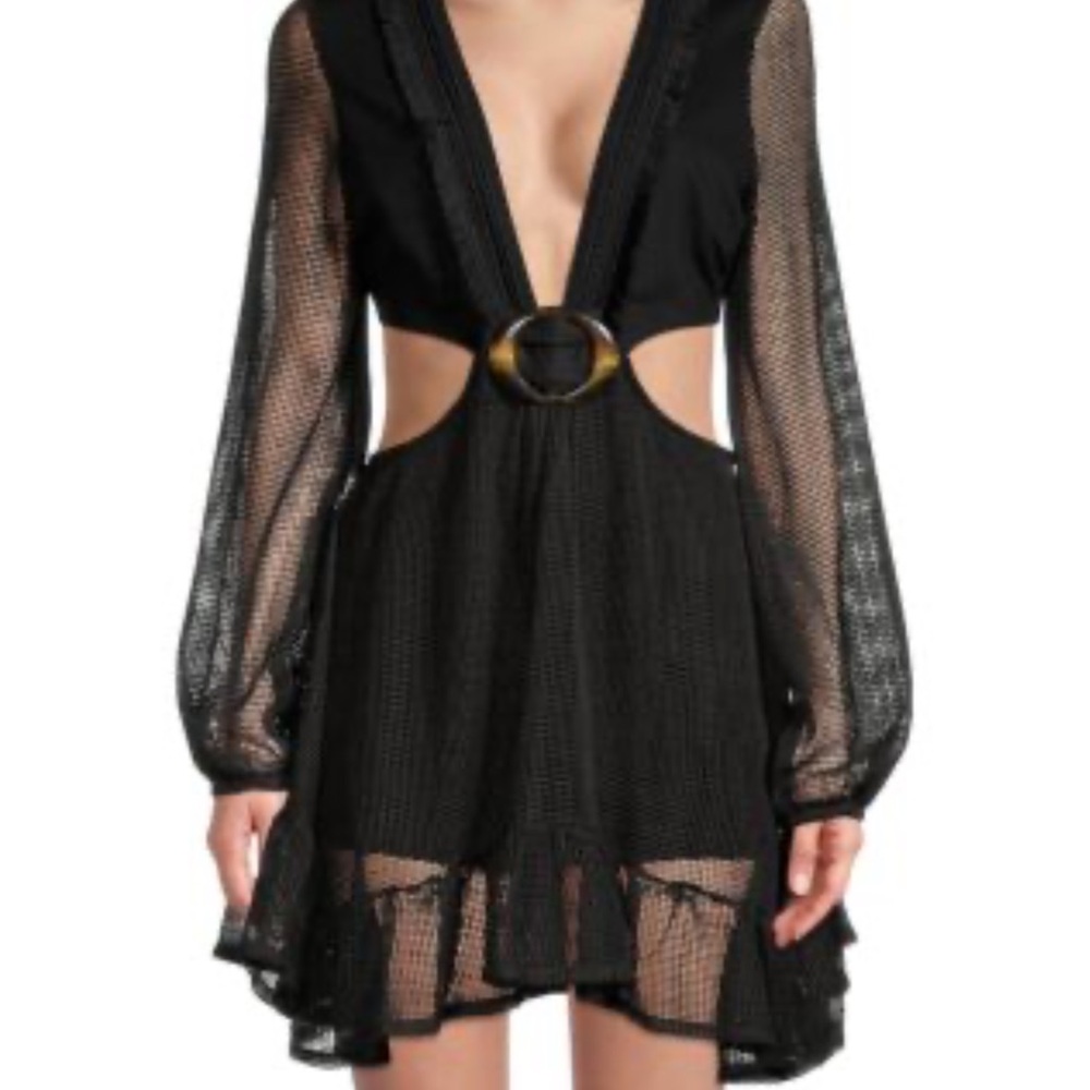 Bebe Black Plunge Neck Bishop Sleeve Sundress